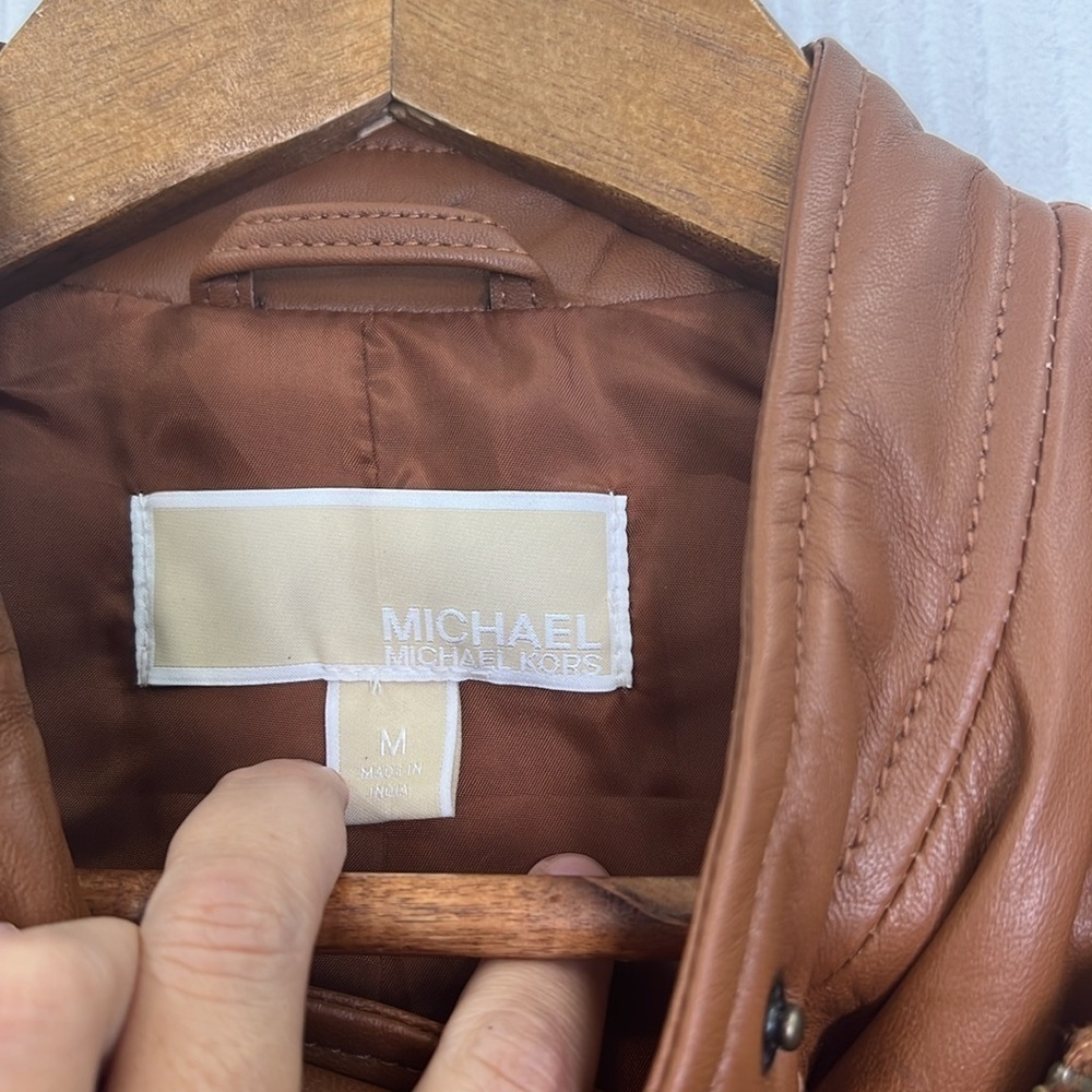 Michael Kors - Brown Leather Asymmetrical Zip Lined Long Sleeve Moto Jacket Med - Picture 11 of 12